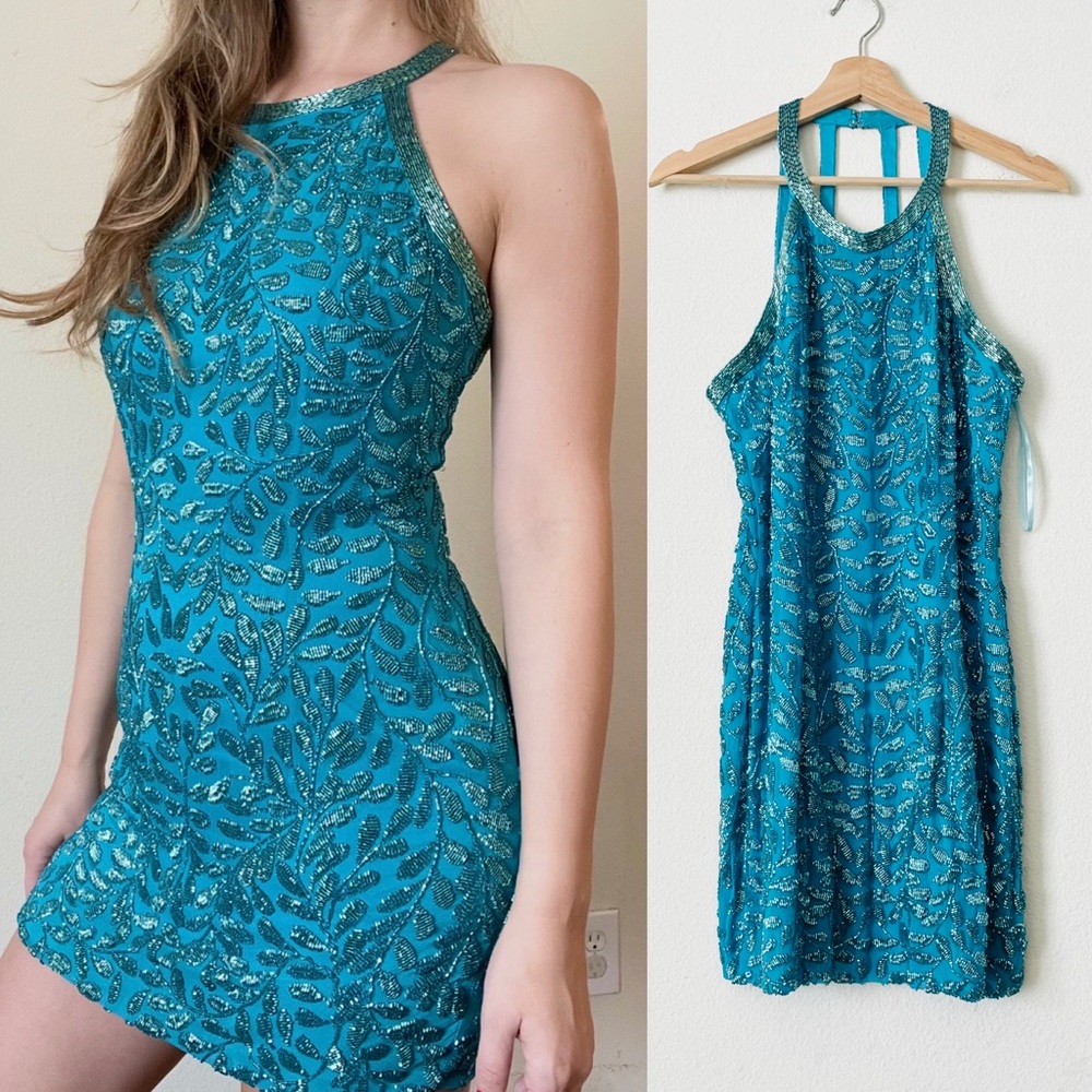 Vintage Blacktie Oleg Cassini SIZE 8 blue fully beaded halter silk mini dress